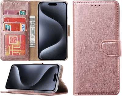 Hoesje Geschikt voor iPhone 15 Pro Max – portemonnee bookcase met pasjeshouder – Rosegoud