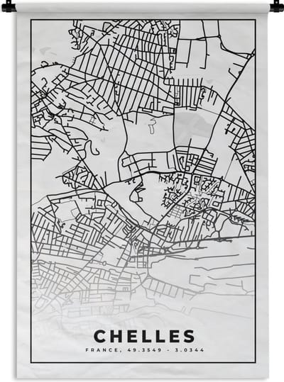 Wandkleed - Wanddoek - Frankrijk - Chelles - Stadskaart - Plattegrond - Kaart - Zwart wit - 120x180 cm - Wandtapijt