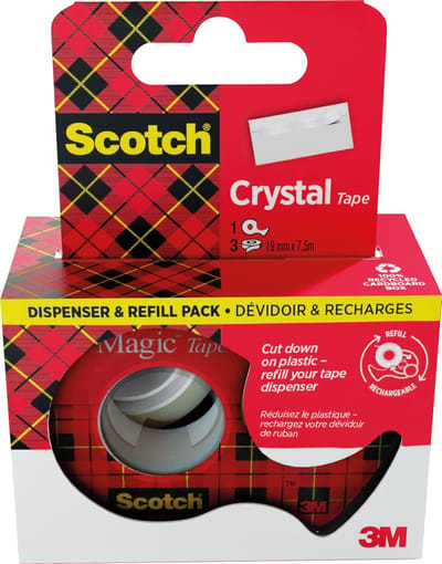 Scotch Crystal Tape plakband ft 19 mm x 7 | 5 m | dispenser + 3 rolletjes | ophangbaar doosje