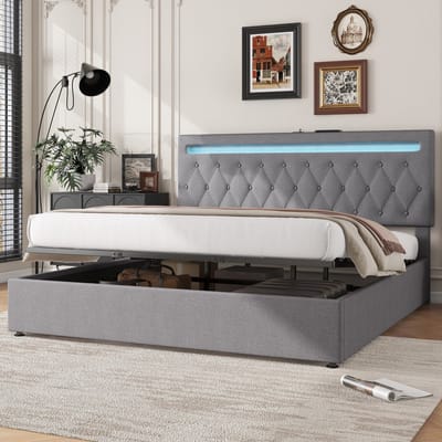 Wishdor – Opbergbed 180x200 cm – Met App-gestuurde LED & Hydraulische Lift – Oplaadstation USB-C – Smart & Luxe – Linnen – Grijs