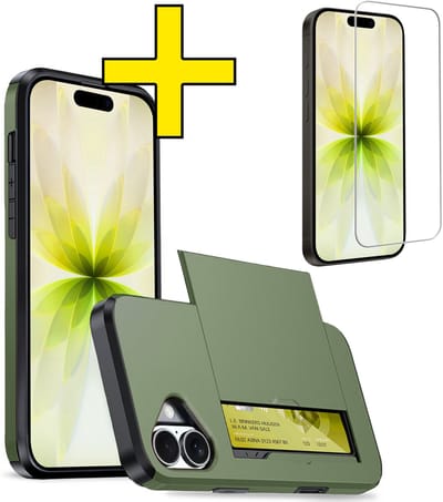 Hoesje Geschikt voor iPhone 17 Hoesje Case Pashouder Hard Cover Met Screenprotector - Hoes Geschikt voor iPhone 17 Hoesje Met Kaarthouder - Donkergroen