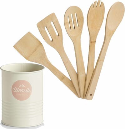 Bamboe hout keuken spatels/lepels set 5-delig met metalen houder van 11 x15 cm