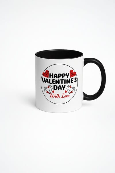 Valentijnsdag Mok 'Happy Valentine's Day' met Lieve Geometrische Hartjes | Romantisch Cadeau Beker Wit/Zwart