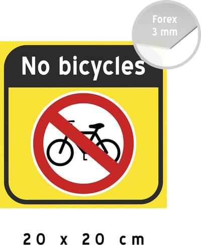 Pictogram/ bord | "No bicycles" | 20 x 20 cm | Geel | Geen fietsen| Verboden voor fietsers | Tweewielers |Overlast | Vierkant | Forex | 1 stuk