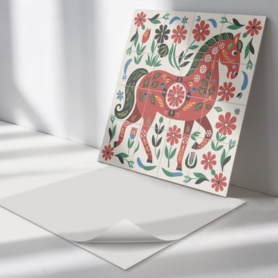 Wallfluent Vinyl Tegels - Paard in Bloemenpatroon Vinyl Vloer Tegels - 30 cm x 30 cm - Rood PVC Tegels - Verpakking van 9 stuks - Vierkant PVC Tegels - Dieren Plaktegels - Zelfklevende Vinyl Tegels - Plaktegels Keuken en Badkamer