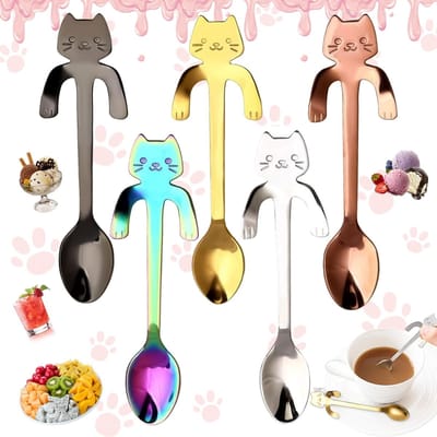 Dailygoods - Roestvrijstalen koffielepel, 5 stuks kat hangende theelepel, Mini Kitten Design roerlepel voor water, thee, melk, koffie, soep, suiker, dessert, voorgerecht, kruiden, drinken, milkshake
