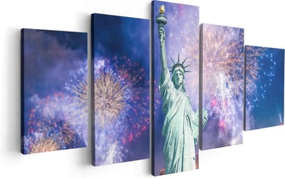 Artaza Canvas Schilderij Vijfluik Vrijheidsbeeld In New York Met Vuurwerk - 100x50 - Foto Op Canvas - Canvas Print