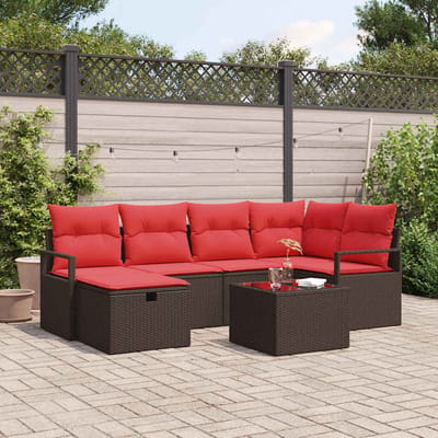 vidaXL - Bankstel - 7 - st - 6-Aantal - zitplaatsen - Bruin - en - Rood - poly - rattan