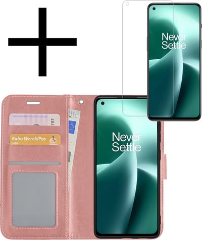 Hoesje - Met Screenprotector - Geschikt voor OnePlus Nord 2T - Luxe Pasjeshouder - Bookcase Portemonee - Flip Case - Kunstleer Book Case - Flipcase - Book Cover - Walletcase - Portemonneehoes - Rosé goud