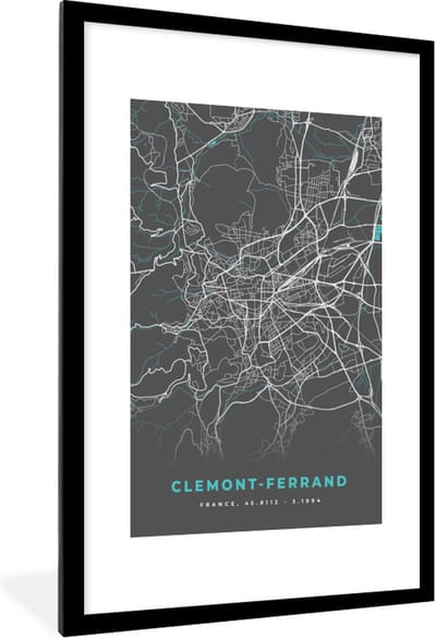 Fotolijst incl. Poster - Clemont-Ferrand - Frankrijk - Kaart - Plattegrond - Stadskaart - 80x120 cm - Posterlijst