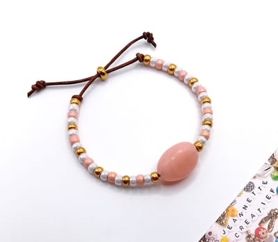 Jeannette-Creatief® - Beach - Armband Flamingo Big Rock - Leren Armband met Grote Acrylkraal en Miyuki Rocailles