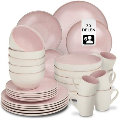 tectake® Serviesset Mare - 30-delig - Aardewerk met Glanzend Glazuur - 6 Persoons - Handgemaakt Servies - Moderne Bordenset met Grote en Kleine Borden, Kommen, Schaaltjes en Kopjes - Vaatwasser- en Magnetronbestendig - Roze