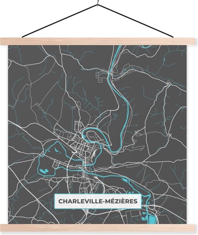 Posterhanger incl. Poster 40x40 cm - Schoolplaat - Charleville-Mézières - Kaart - Plattegrond - Frankrijk - Stadskaart - Textielposter - Blanke latten - Stadskaart