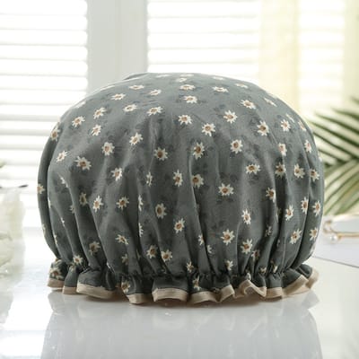 1 stuks badmutsen elastische band dubbele lagen waterdichte douchemutsen met gegolfde rand die de oren bedekken om het haar droog te houden keuken oliebestendige pet voor meisjes en vrouwen, Grijsblauwe bloemen
