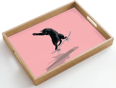 Dienblad hout 50x35 cm - Schootdienblad - Kat - Skateboard - Roze - Borrelplank rechthoek - Plateau dienbladen