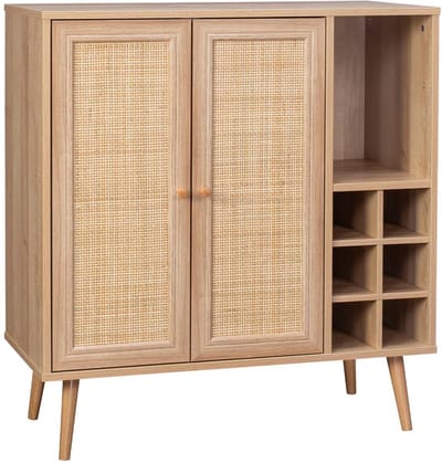 sweeek - Kastje met 2 deuren 7 open vakken houtdecor en rotan 83cm - bohème