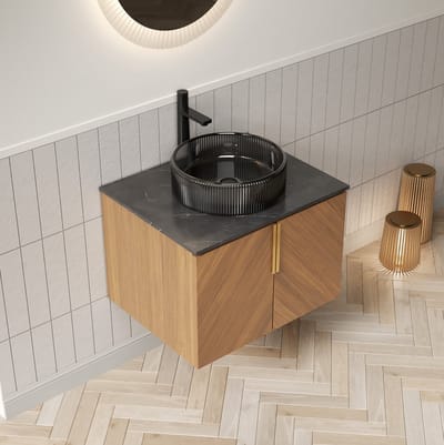 MIVRAY Opberger - Wandhangend Badkamermeubel Met Glazen Waskom En 2 Deuren - Voor Badkamer - Sintersteen En Hout - 61x50x52,6 Cm
