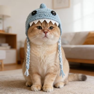 Daity 1-delig leuk haaienmutsje voor katten en kleine honden – schattig gebreid mutsje met 3D-tanden en -oren, één maat, perfect voor foto's (blauw)