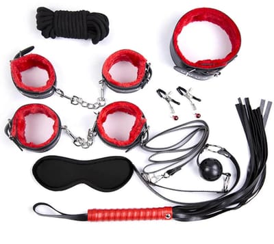 Bondage Set 8 Delig Zwart Leer - Complete BDSM Starter Kit - Handboeien Voetboeien Zweep Masker - Bondage Accessoires Set Beginners - One Size - Fetish Kit - La Nuita