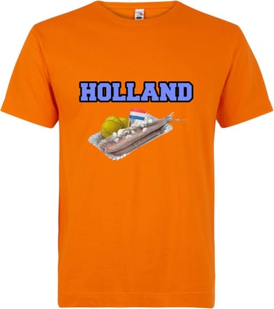 T-shirt met grappige print - Haring met zuur en uitjes - Holland - Oranje - Maat S