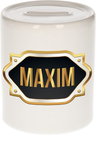 Spaarpot met voornaam Maxim - wit - met goud/zwart embleem - 8 x 9 cm - keramiek - met afsluitdop - cadeau verjaardag