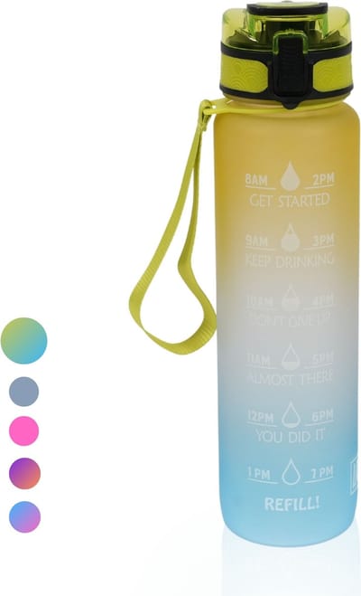 LaCardia Motivatie Waterfles 1 Liter - Drinkfles met Fruitfilter & Tijdmarkering - BPA vrij - Drinkbus Voor Kinderen en Volwassenen - Sportfles & Travel mug - Geel Blauw