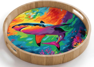 Dienblad rond 40x40 cm - Schootdienblad hout - Haai - Koraalrif - Abstract - Kleurrijk - Borrelplank rechthoek - Plateau houten dienbladen
