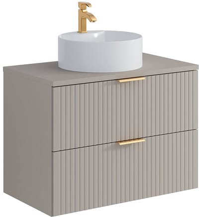Vente-unique Geribbeld hangmeubel voor badkamer met ronde opbouwwastafel - Beige - 80 cm - ZEVARA