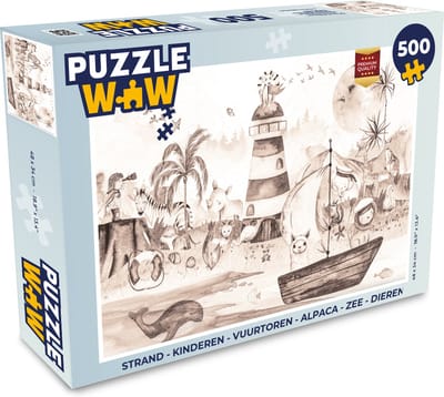 Puzzel Strand - Kinderen - Vuurtoren - Alpaca - Zee - Dieren - Legpuzzel - Puzzel 500 stukjes