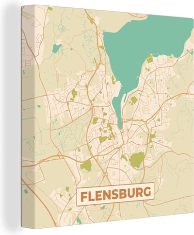 Canvas Schilderij Flensburg - Kaart - Stadskaart - Vintage - Plattegrond - 20x20 cm - Wanddecoratie