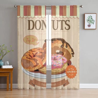 Vintage Donuts Poster Met Label Transparante Gordijnen voor Woonkamer Transparant Tule Raamgordijn Slaapkamer Keuken Voile Drapes 135W x 114H(cm) beige