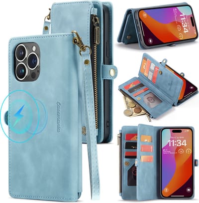 Casemania Hoesje Geschikt voor Apple iPhone 15 Plus - Aqua Blue - Luxe Portemonnee Book Case met Rits - Geschikt voor MagSafe