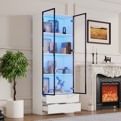 DESMIU Vitrinekast - Hoge Opbergkast Met Ledverlichting En Glazen Deuren - Voor Woonkamer En Werkkamer - MDF En Gehard Glas - 80 X 34 X 200 Cm - Wit