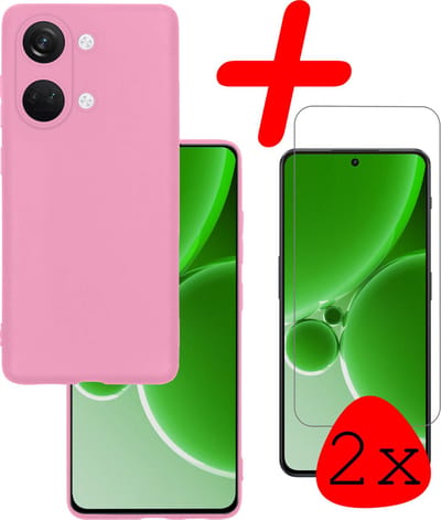 Hoesje Met 2x Screenprotector - Geschikt voor OnePlus Nord 3 - Sterk & Shockproof - Back Cover - Siliconen Case - Telefoon Hoes - Lichtroze