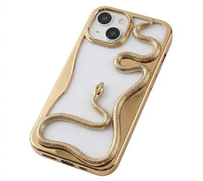 Goudkleurig slang design telefoon hoesje geschikt voor iPhone 14 dames en heren met 3D reliëf slang detail, zachte TPU backcover met electroplating rand en effen kleur afwerking