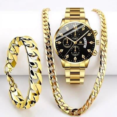 Goudkleurig heren horloge set met schakel ketting en schakel armband – 3 delige sieraden set voor mannen – analoog horloge met zwart uurwerk