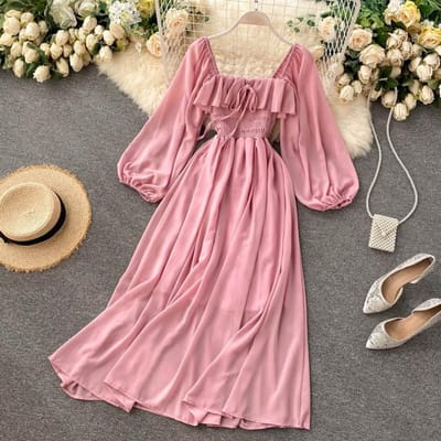 Chique elegante vierkante kraag maxi-jurk dames effen chiffon bladerdeeg mouw jurken Koreaanse mode vintage ruche vestidos One Size