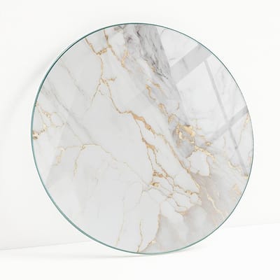 Wallfluent - Elegant Geaderd Marmer Gehard Glas - 50 cm - Wit Glazen Tafelblad - Rond Tafelblad Glas - Glasplaat Tafel - Glazen Tafelblad voor de Woonkamer
