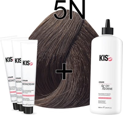Kis KeraCream Color - 100ml - Haarverf Set - 5N Lichtbruin | KIS - (3 x haarverf & 1L waterstofperoxide)