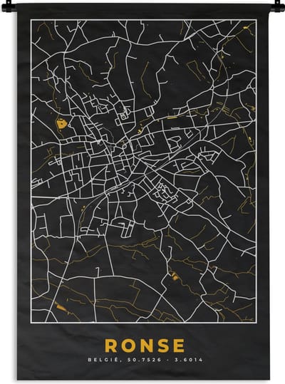 Wandkleed - Wanddoek - Ronse - Kaart - Plattegrond - Goud - Stadskaart - 120x180 cm - Wandtapijt
