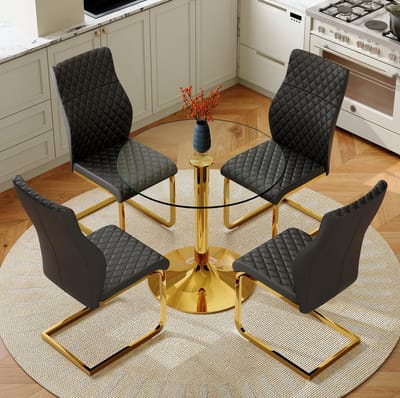 Set Tafel En Stoelen - Ronde Eettafel Met 4 Stoelen - Comfortabel En Onderhoudsvriendelijk - Voor Eetkamer En Horeca - Metaal Glas - Zwart Goud
