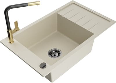 Mexen Elias granieten gootsteen met 1 bak en afdruiprek en keukenmengkraan Flora, beige - 6511-69-670401-57-B
