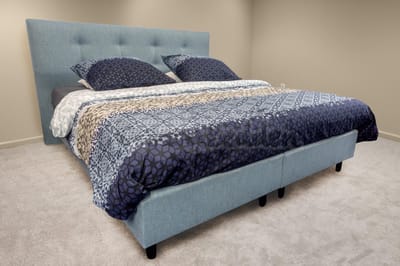 Boxspring 120x190 Miami Azurro Blauw Incl. Pocketvering 9-zones matras HR45 Koudschuim ca. 21 cm dik.