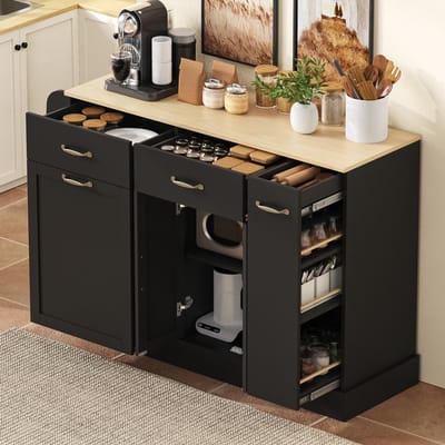 MODENUIT Dressoir - Met Afvalvak En Open Rek - Voor Keuken En Eetkamer - MDF Zwart Met Houtkleur - 133,5x40x86 Cm