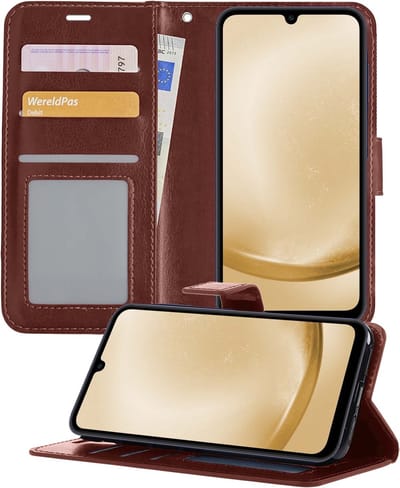 Hoesje - Met Pasjeshouder - Geschikt voor Samsung Galaxy A25 - Luxe Bookcase Portemonee - Flip Case - Kunstleer Book Case - Flipcase - Book Cover - Walletcase - Portemonneehoes - Telefoonhoesjes - Bruin