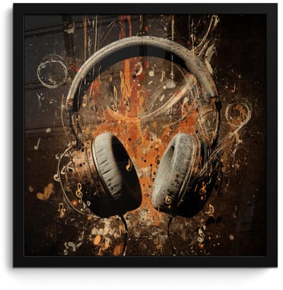 Poster in lijst - Fotolijst 40x40 cm - Posters - Koptelefoon - Bruin - Dynamische penseelstreken - Posterlijst zwart - Decoratie - Wanddecoratie woonkamer - Muurdecoratie slaapkamer