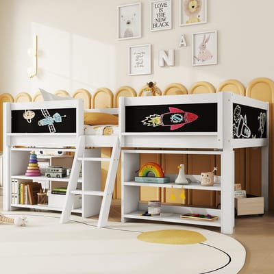 MEUNIQ halfhoogslaper 90x200 cm met opbergrekken, veiligheidshekken en ladder, voor kinderkamer, wit, met ruimte onder het bed
