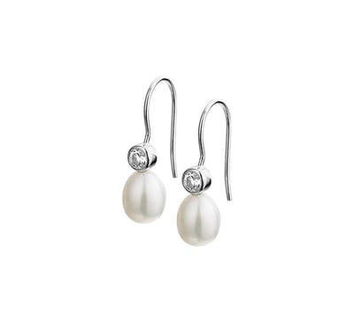 Huiscollectie Oorhangers Franse Haak Parel En Zirkonia Zilver Gerhodineerd Glanzend 24.5 mm x 7.5 mm