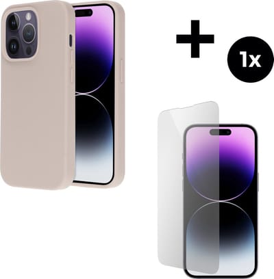 Mobiparts Silicone Cover hoesje geschikt voor Apple iPhone 14 Pro met 1 Screenprotector van Gehard Glas - Roze/Beige