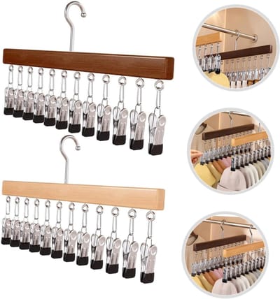 2 stuks - Droogrek - met 12 clips - Kledingrek met meerdere clips - Opbergrek - Hout - Droogrek - Geschikt voor sjaals, sokken en baseballpetten - Ruimtebesparend - Handige opbergruimte in de kast - 38 x 1,5 x 21 cm - Natuurlijk hout, bruin